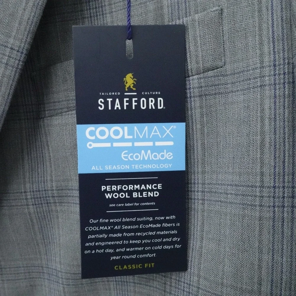 Stafford Sport Coat Mens 48 Regular Gray Plaid Wool Blend Blazer CoolMax Office‎